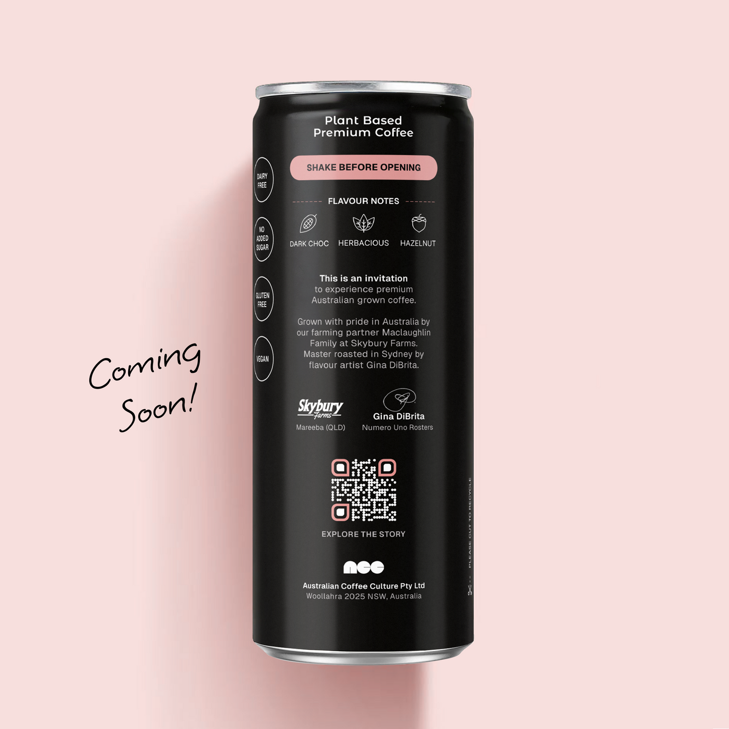 Back of Australian Coffee Culture Almond Flat White can showing QR code and origin details