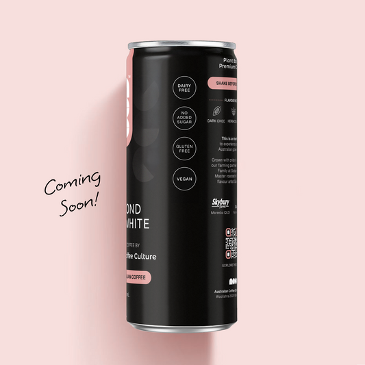 Side view of Australian Coffee Culture Almond Flat White can showing dairy-free, no added sugar, gluten-free and vegan badges with Coming Soon note