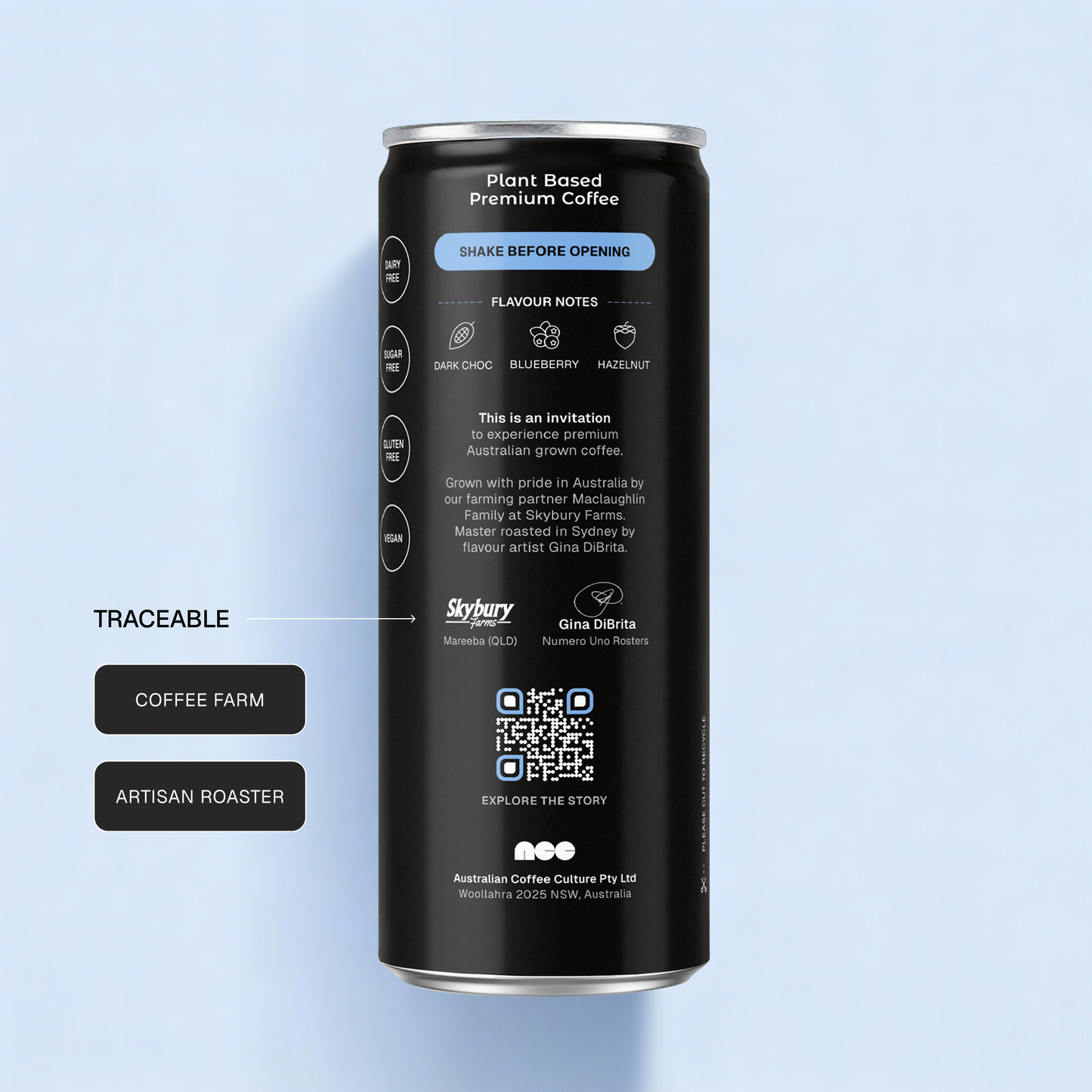 Back of Australian Coffee Culture Long Black can showing traceability QR code and origin details