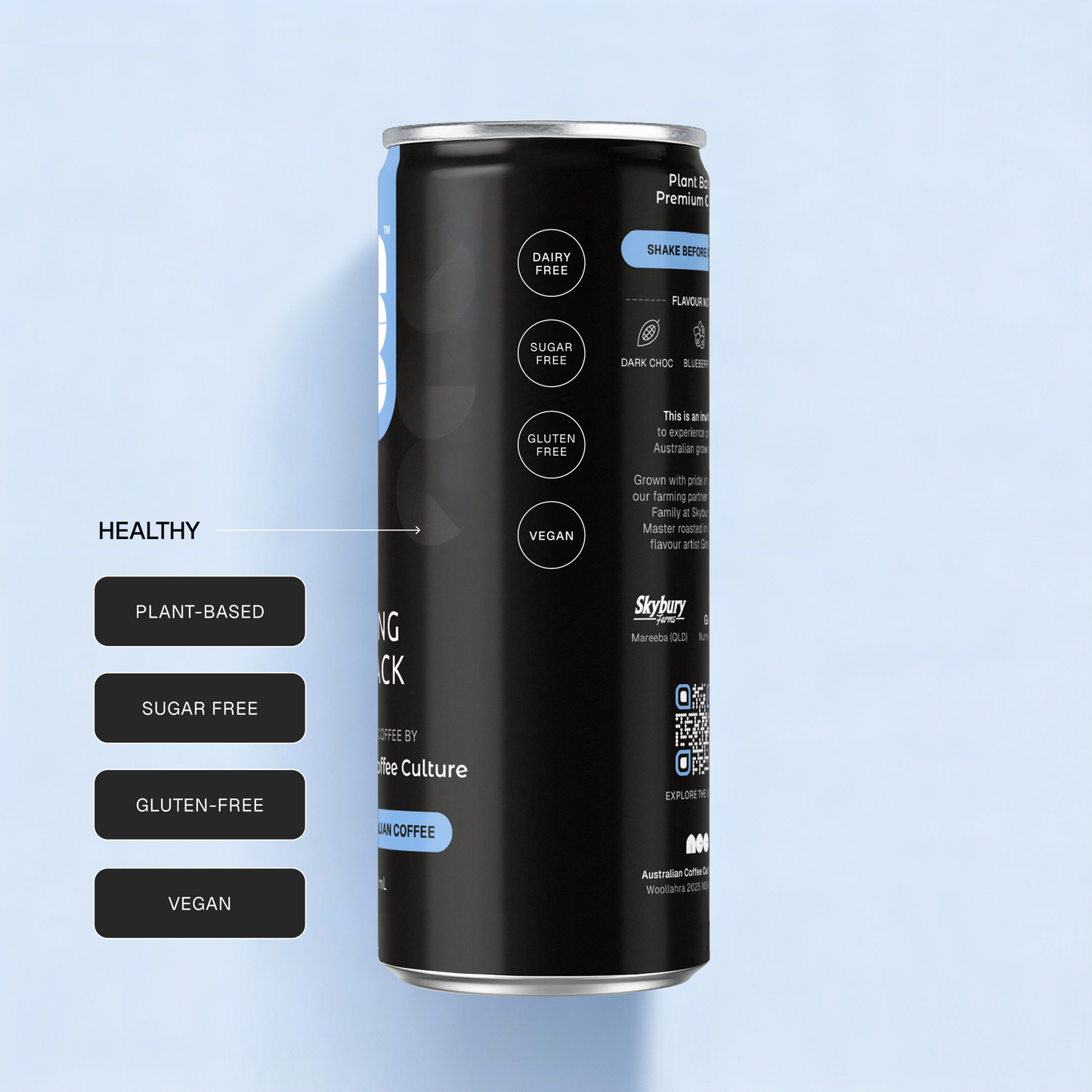 Side view of Australian Coffee Culture Long Black can showing dairy-free, sugar-free, gluten-free and vegan badges