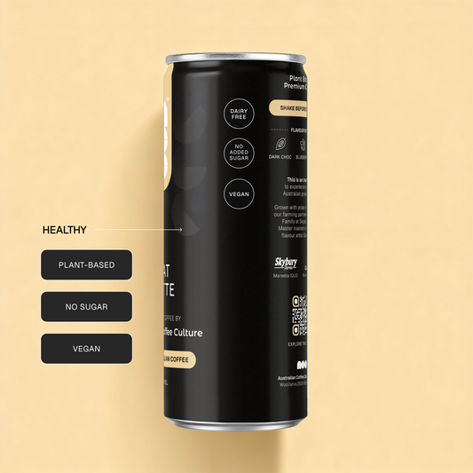 Side view of Australian Coffee Culture Oat Latte can showing dairy-free, no added sugar and vegan badges